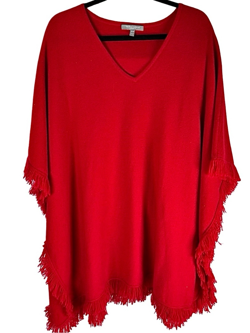 Neiman Marcus Saks 100% Cashmere red fringe blanket poncho sweater medium